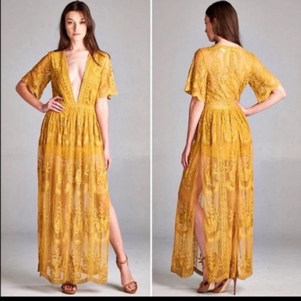 Honey Punch Chloe Lace Maxi Romper Dress Mustard Yellow Boho Festival Fairycore